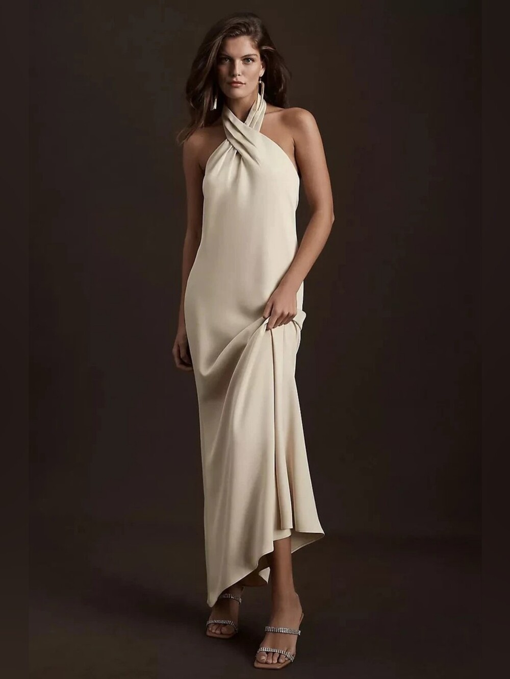 Anthropologie BHLDN Ruby Twist Halter Satin Dress In Champaigne, Size 6 Gown